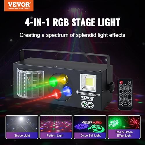 Miniatura 2 de VEVOR Luces de escenario, luces de fiesta RGB 4 en 1, luz estroboscópica con patrón LED, efectos de iluminación mixtos activados por sonido con luz