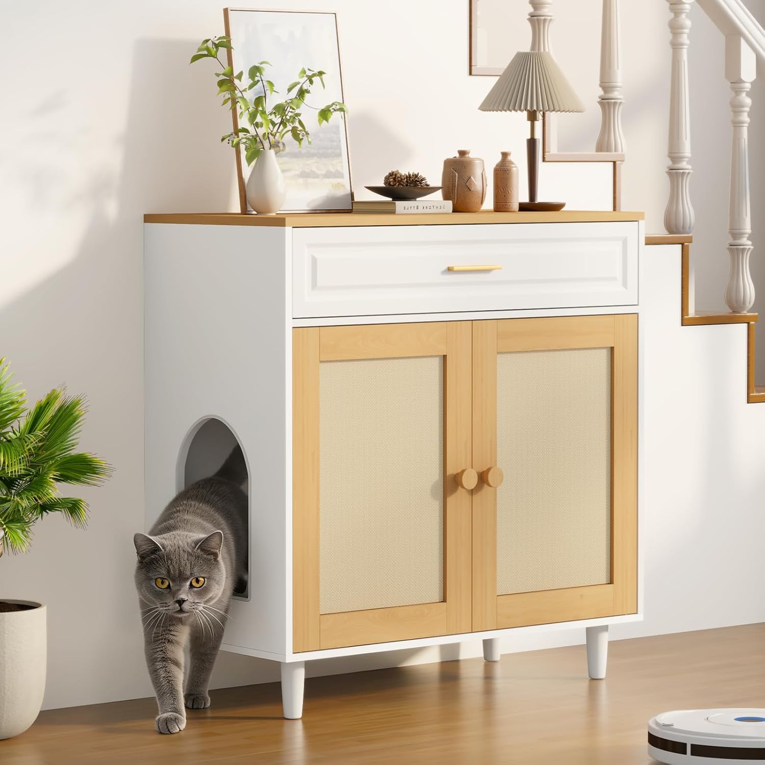 Cat Litter Box Enclosure, Hidden Litter Box Cabinet with Sisal Scratching Board Doors and Drawer, Dog Proof Enclosure, Cat House & Washroom Furniture, Wooden Pet House Side End Table