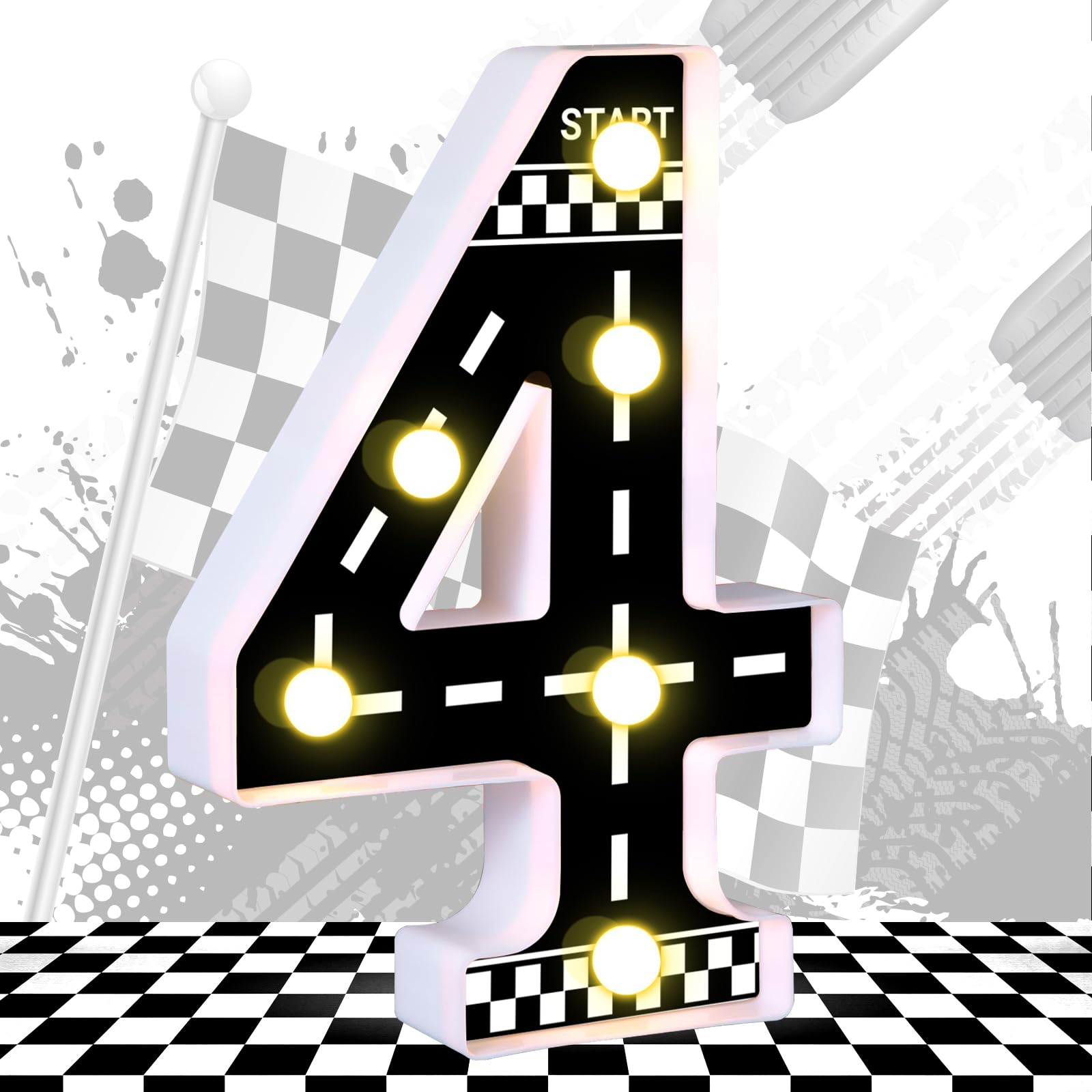 8.5" Racing Car Light up Numbers Checkered Birthday Decorations Happy Birthday Light up Sign Racetrack Inspired Decor Cars Theme Birthday Party Decorations Night Light for Racing Party Supplies (Number 4)