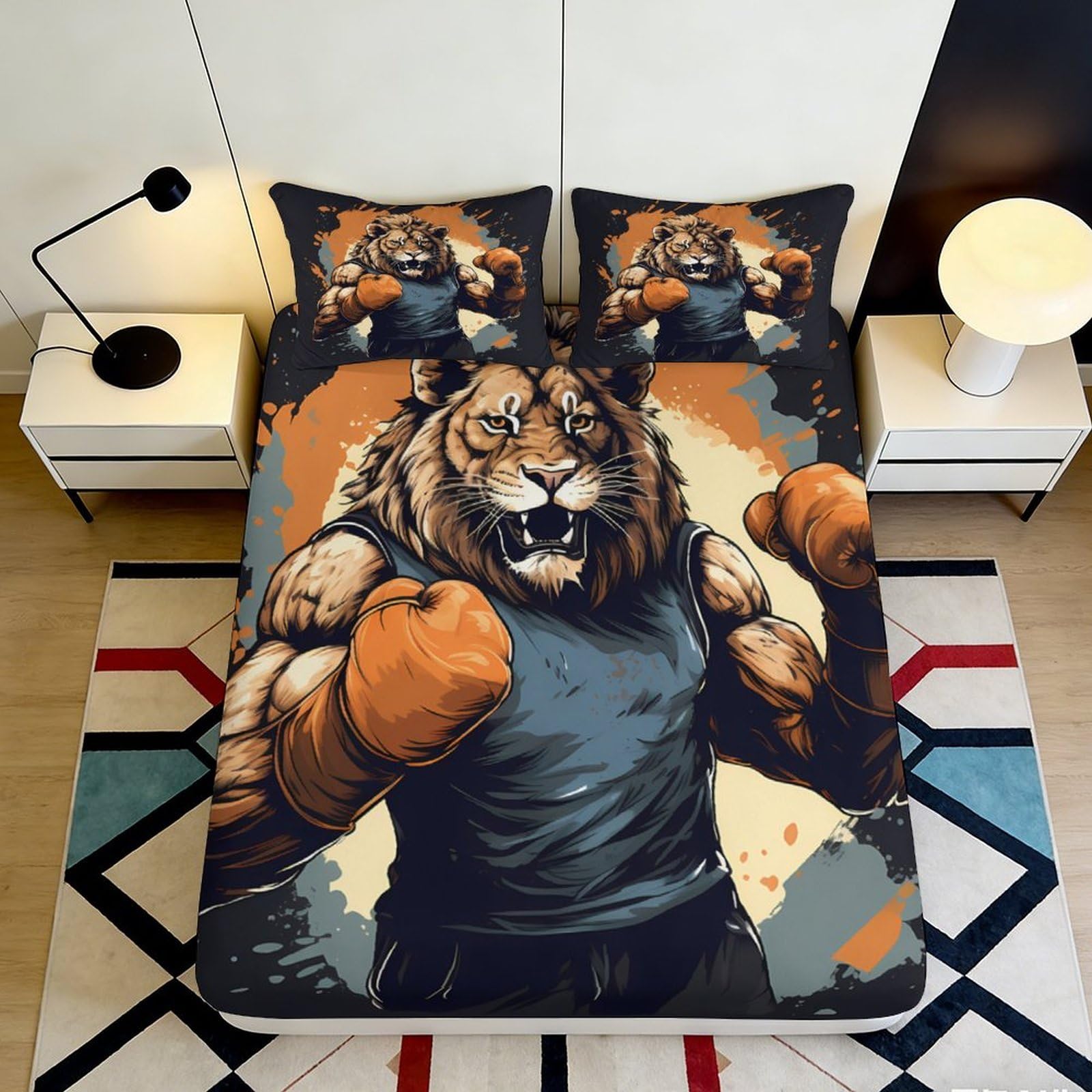Uxinyoume Style-9 3D Printed Boxing Lion Fitted Sheet Microfiber Soft Breathable Wild Animal Bed Cover For Bedroom Dorm Decor Mattress Protection 90X200x25cm