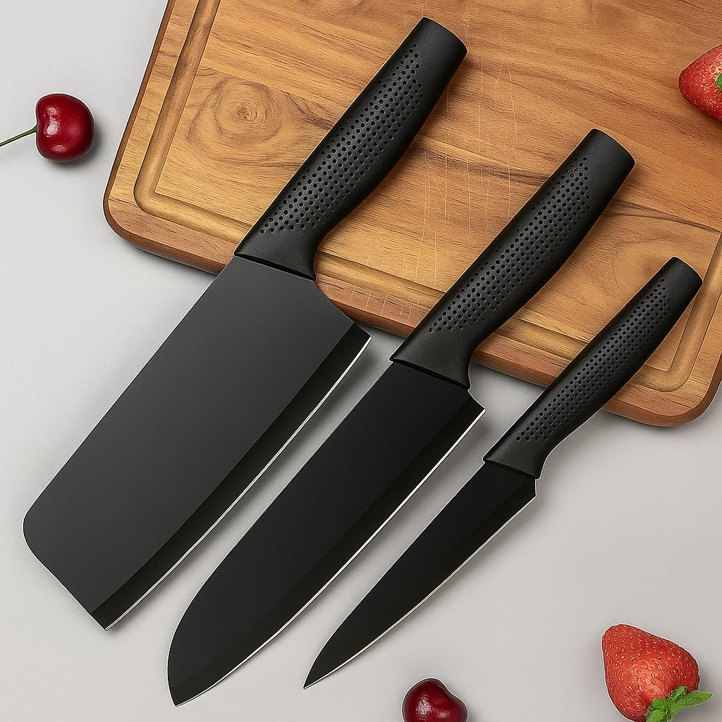Set of 3 Paring, Chef, Butcher Meat Knife Black Stainless Steel Non Stick Coating | Rust Resistant, Sharp Blade Chopping, Cutting, Slicing Multipurpose for Home, Kitchen