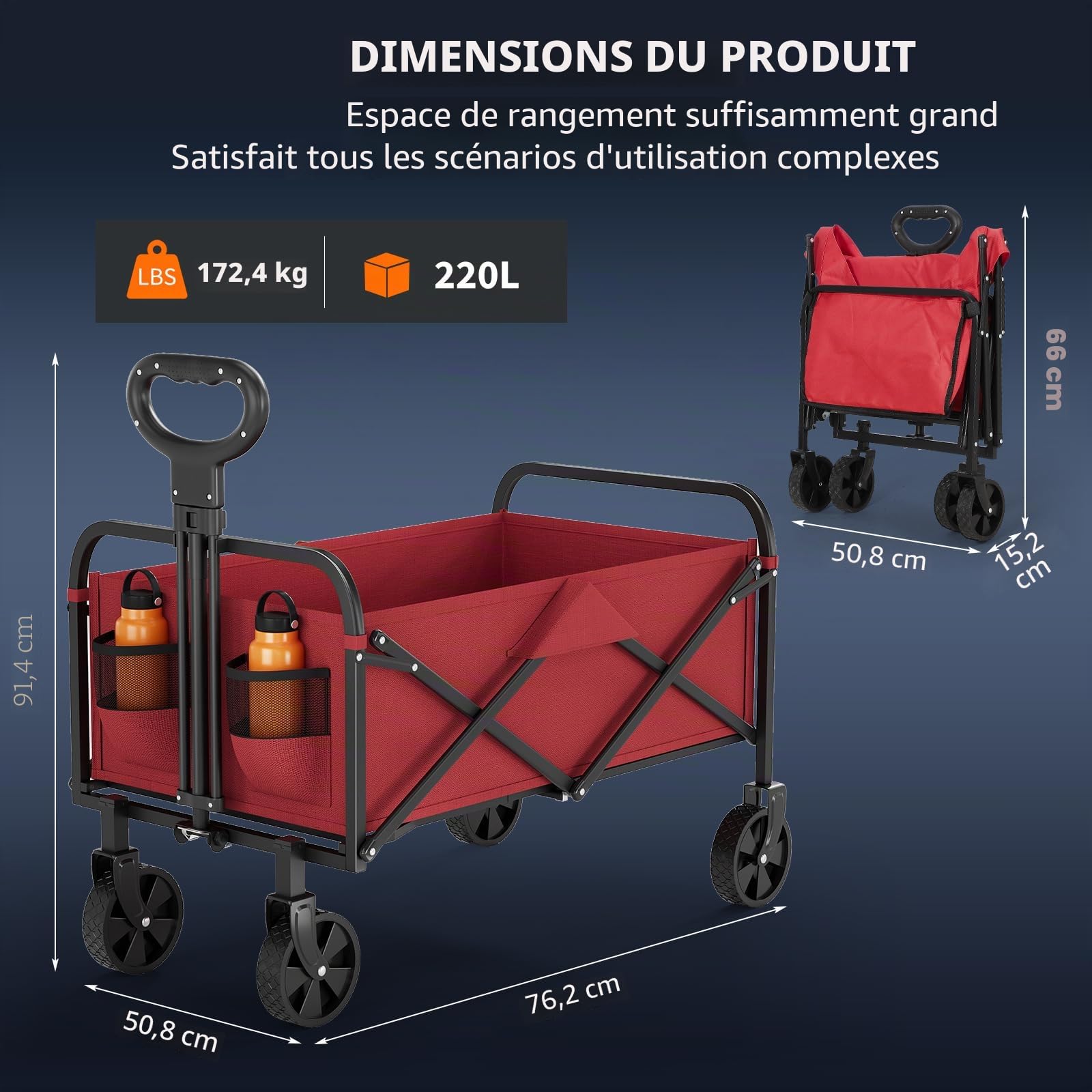 Chariot Pliable de Transport Léger 5,3 kg, Chariot de Jardin Largeur pliée 14 cm, Tissu Oxford 600D, Charge 172kg, 220 L, 2 roulettes Universelles pour Camping, Shopping, Extérieur