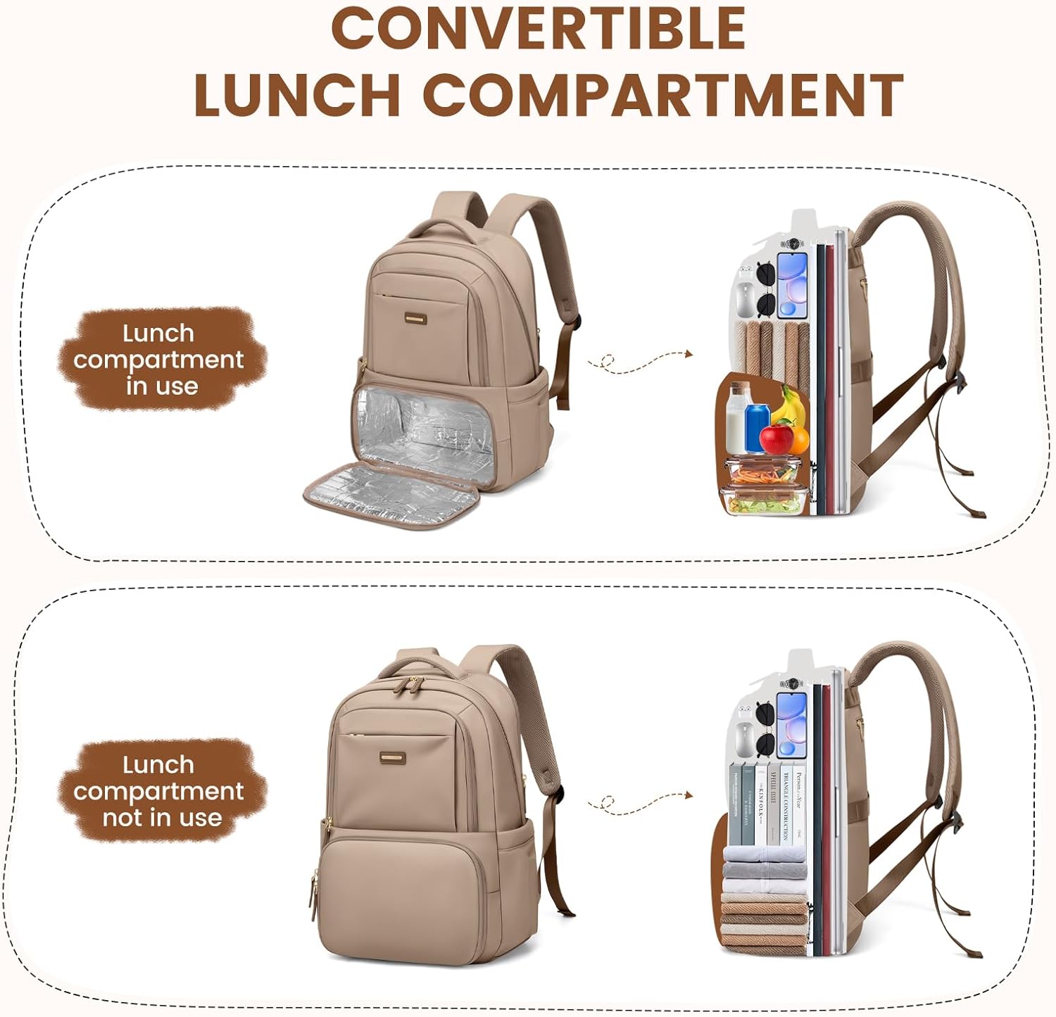 Lunch Backpack 16 Inch Laptop Backpack with Insulated Cooler Lunch Box Food Bag for College Work Camping Picnics (Champagne)