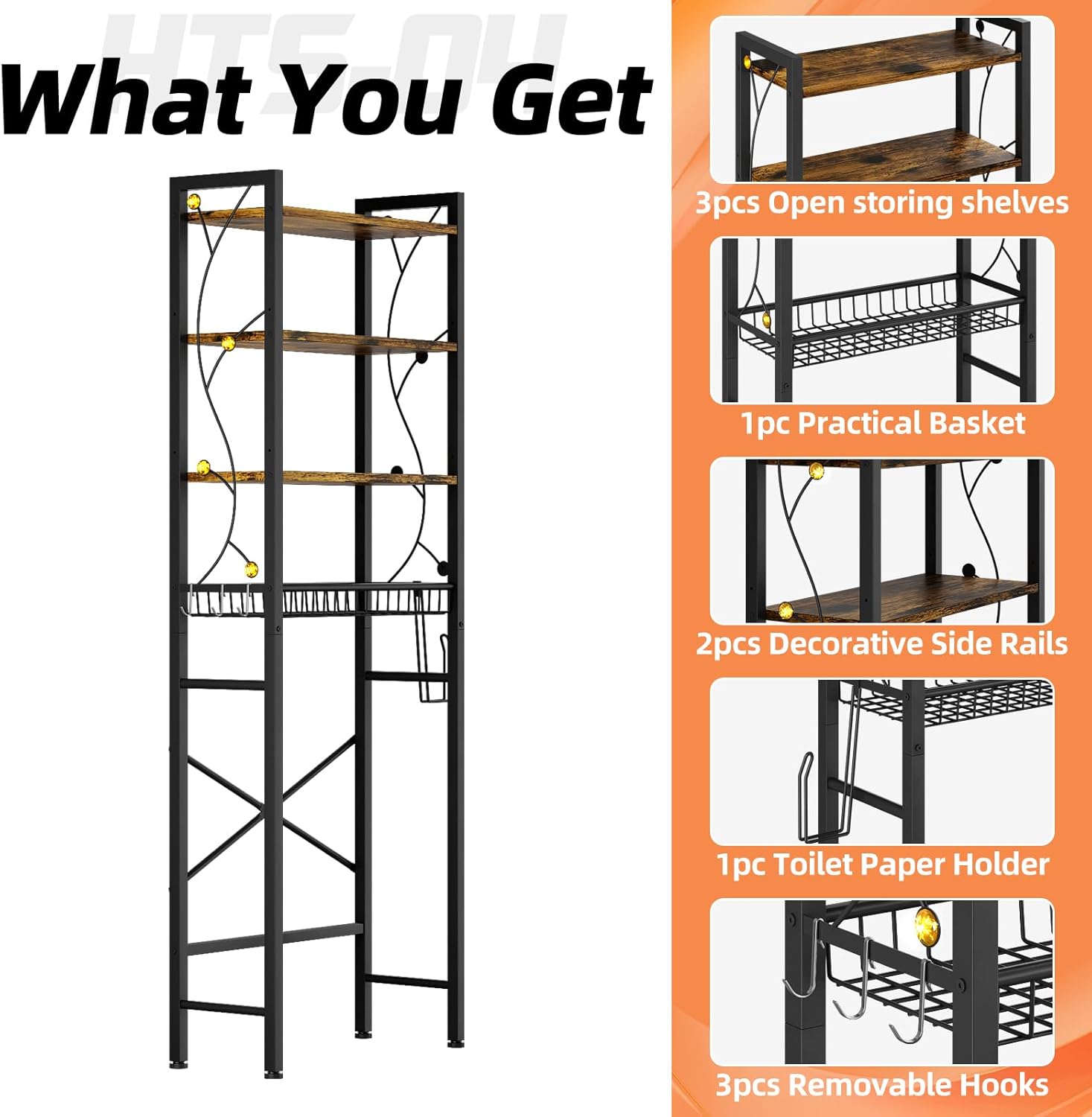 Over-The-Toilet Storage Rack, 4-Tier Bathroom Organizer Shelf Over Toilet with Adjustable Shelf and Basket, Freestanding Space Saver Bathroom Shelves Above Toilet for Room (Rustic Brown) - Image 6