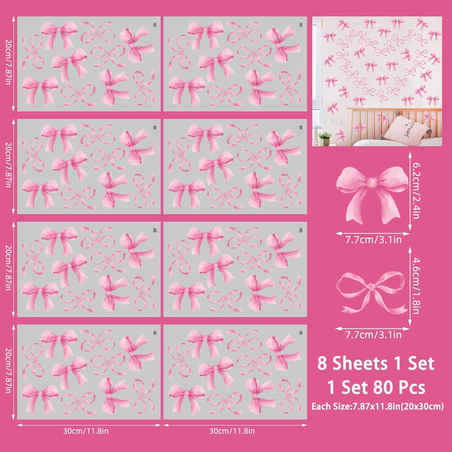 Arawat 8Sheet/80pcs Pink Bowtie Wall Stickers and Decals for Bedroom and Bathroom Bow Room and Wall Decor Coquette Room Decor for Bedroom Bow Sticker