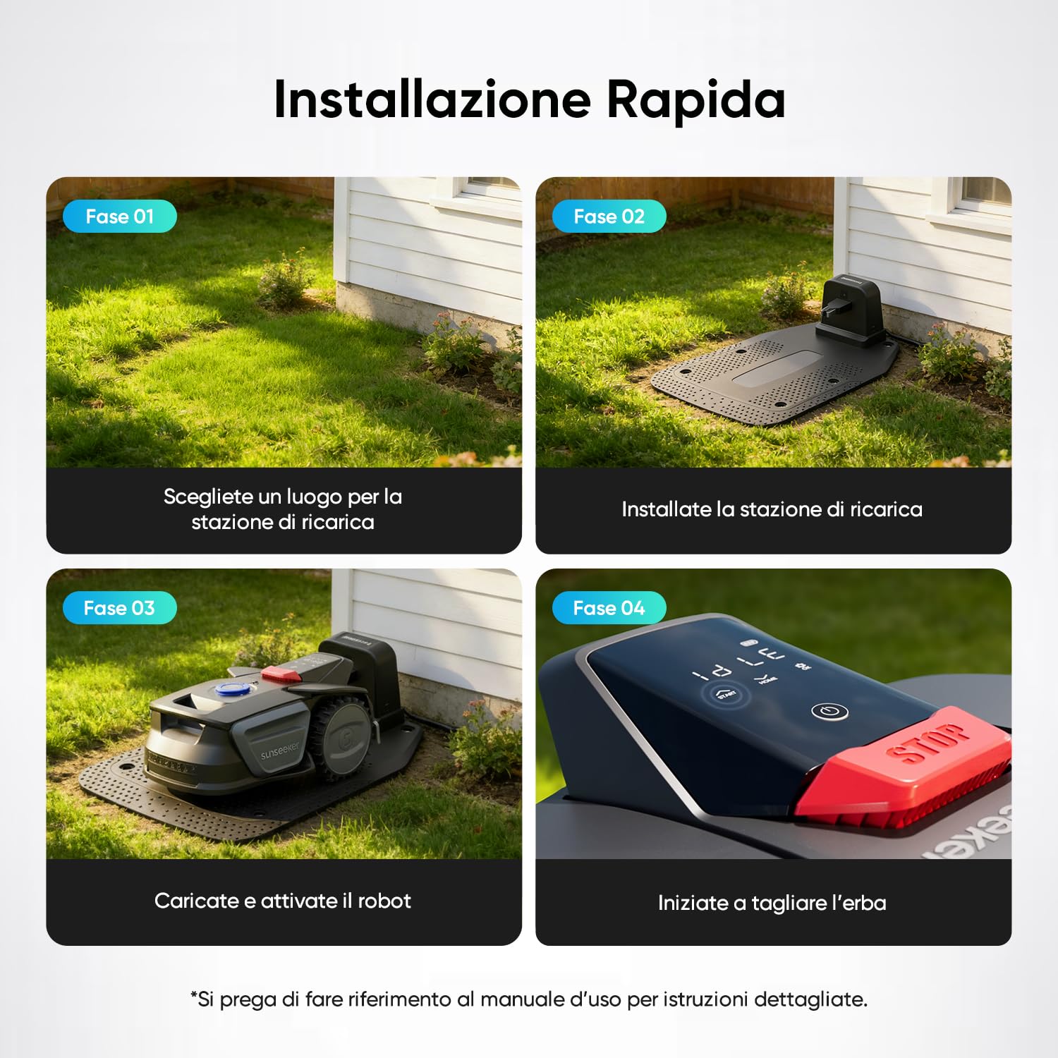 Sunseeker V1 con Garage, Robot Tagliaerba Senza Filo Perimetrale, 300 m² per Piccoli Giardini, Vision AI, Evitamento degli Ostacoli, Pendenze 27%, Taglio con un Clic, Controllo tramite App