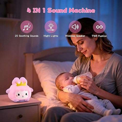 Miniatura 2 de Máquina de sonido para bebé, 20 sonidos relajantes blanco para dormir, luz nocturna recargable con altavoz, 3 niveles de brillo remoto y control de