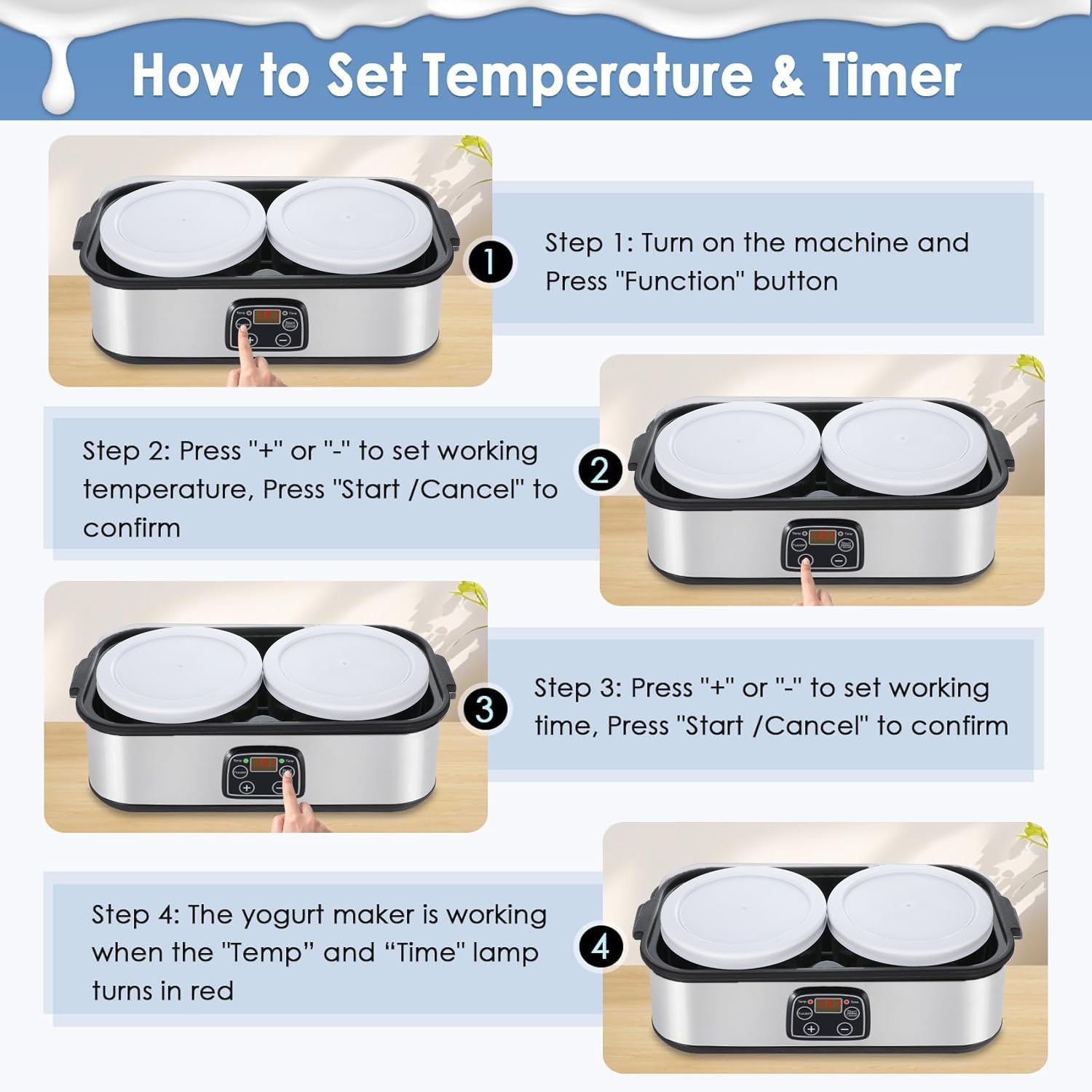 Yogurtiera automatica, 2 l, temperatura regolabile e timer, yogurtiera elettrica con indicatore LED e 2 contenitori in vetro, ideale per la preparazione di yogurt biologico, latticini, formaggio