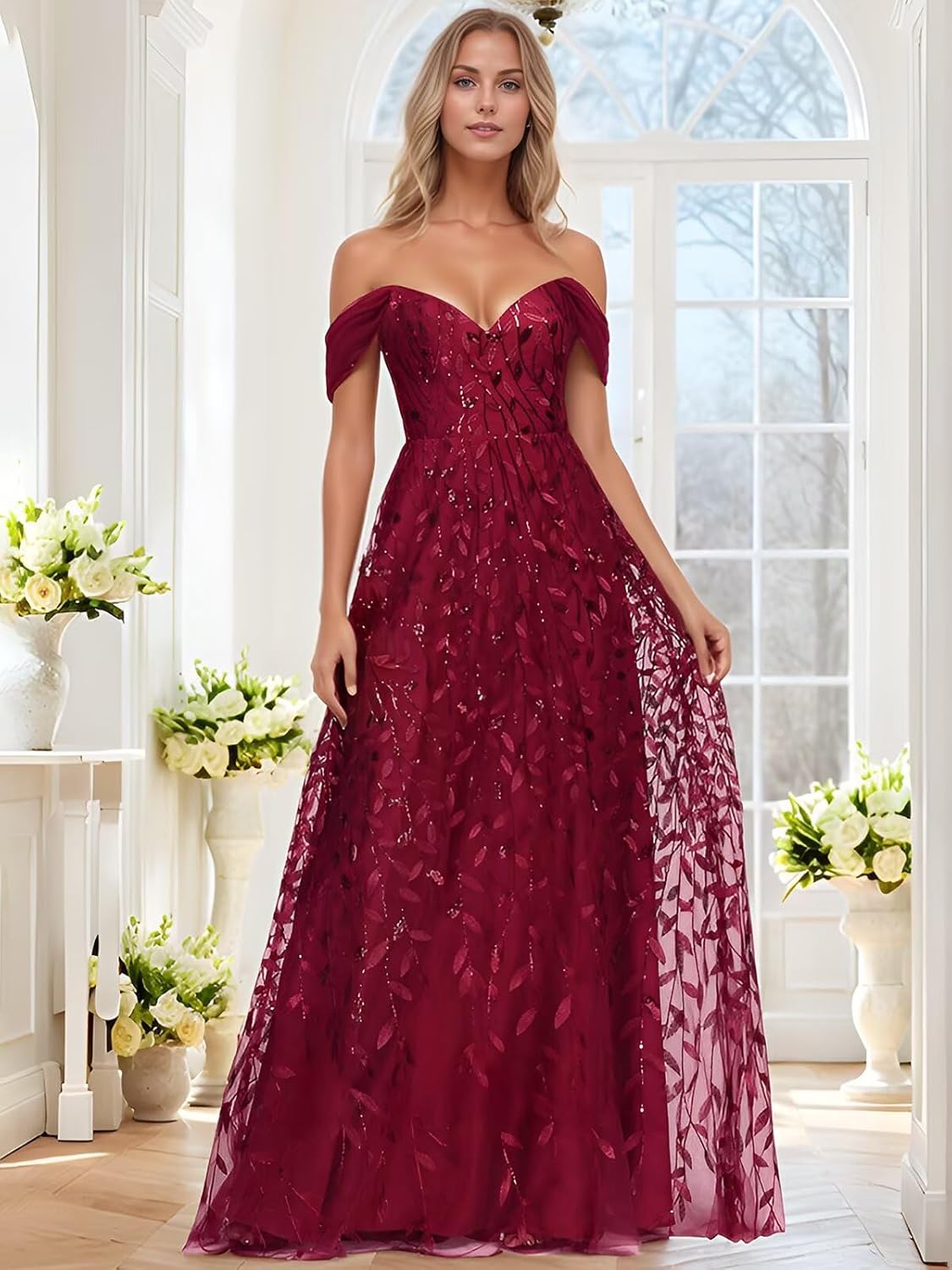 Off The Shoulder Sequin Prom Dress for Women Long Tulle A Line Formal Dress Lace Evening Party Gown - Image 2