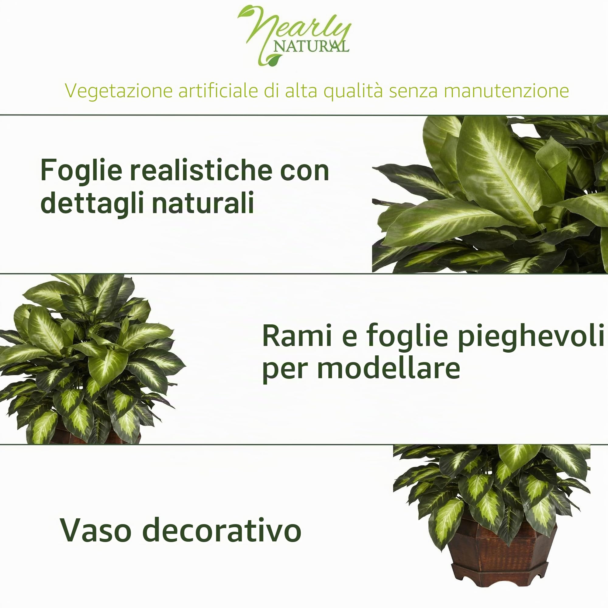 NearlyNatural 6639 Pianta di Seta Dieffenbachia Dorata, Verde