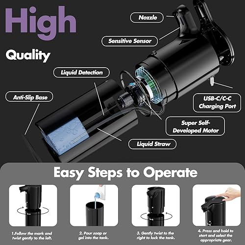 Miniatura 3 de YIKHOM Dispensador automático de jabón líquido, dispensador de jabón para platos, control de volumen ajustable de 8 unidades, dispensador