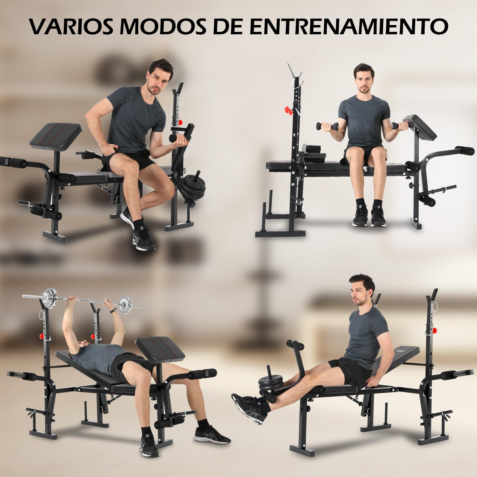 Banco Musculación Plegable, Banco De Musculacion, Press Banca con Soporte para Barra para press de banca, Banco De Pesas Musculación Ajustable con respaldo, soporte para piernas
