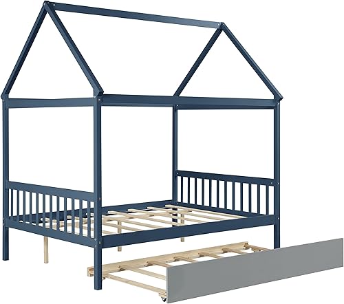 Miniatura 9 de HomSof Casa de cama matrimonial con cama nido individual con techo marco de cama de madera para niños no necesita somier azul