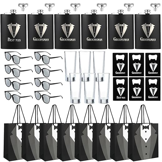 Hushee 30 Pcs Groomsmen Gifts Set Includes 6 Stainless Steel Tuxedo Flask with Funnels 6 Groomsman Proposal Gift Bags 6 Poker Card Beer Bottle Opener 6 Sunglass 6 Glass Cups for Wedding Party