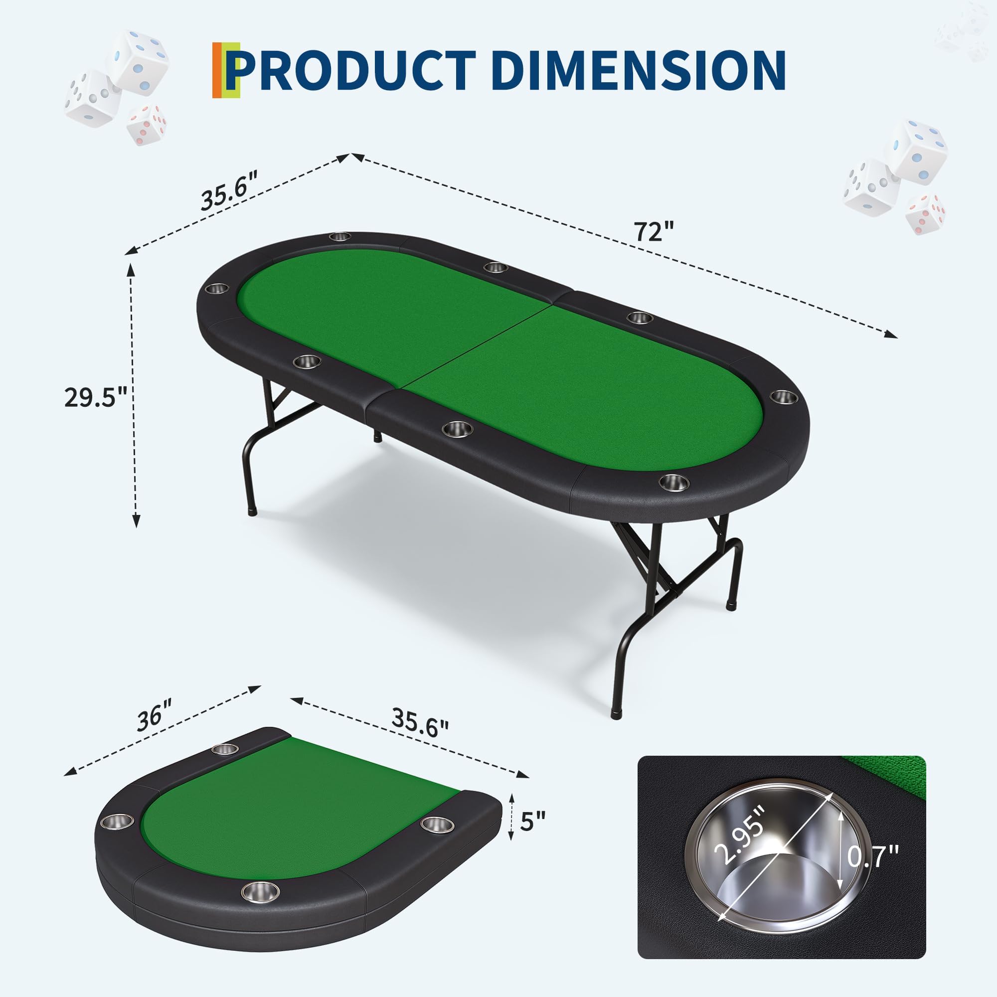 Garvee Tavolo Da Poker Pieghevole 8 Giocatori 180 cm Portatile Verde