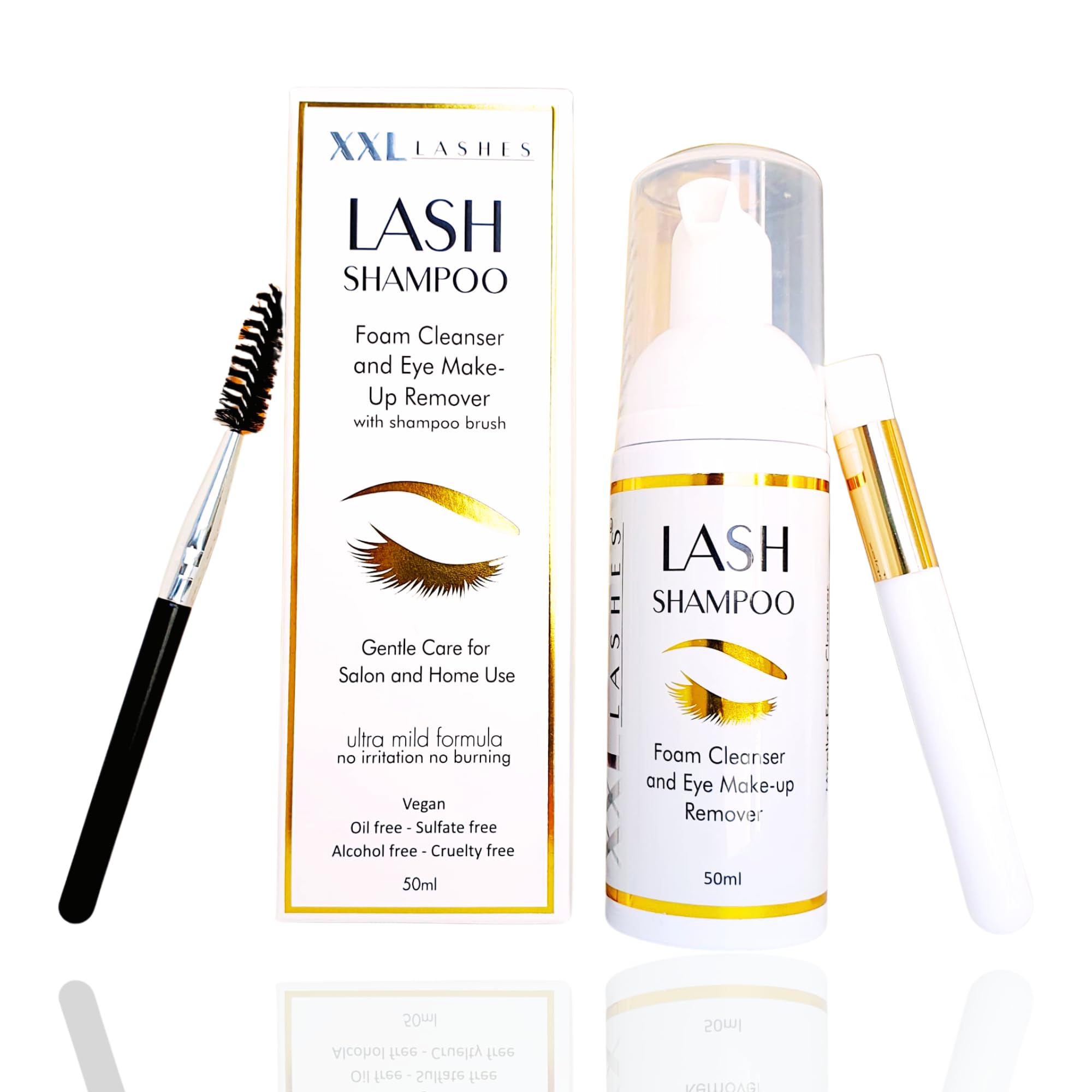 XXL Lashes Shampoo per extension ciglia, detergente schiumogeno, struccante, 50 ml con spazzolino per shampoo per ciglia e sopracciglia, cura ciglia con pennello per lavaggio