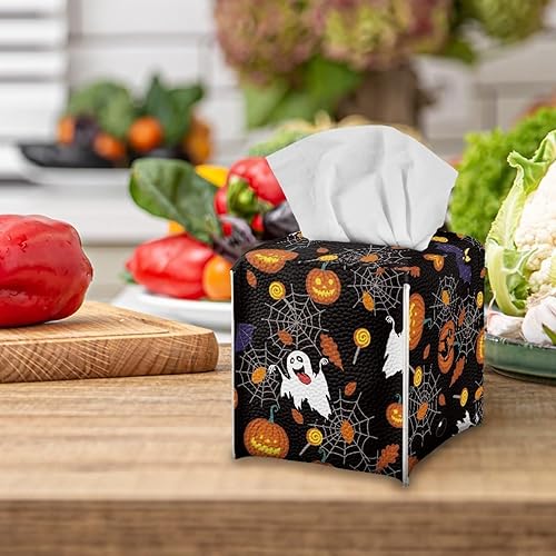 Miniatura 5 de Juego de caja de pañuelos de fantasmas y calabazas, decoración del hogar con temática de Halloween, caja cuadrada de cuero sintético para baño,