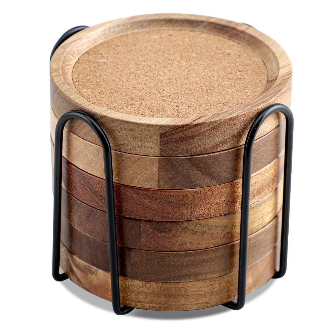 WLWNWFT Untersetzer Holz für Gläser 6er Set, 10.5 cm Untersetzer Gläser Kork Saugfähig mit Halter, Glasuntersetzer Getränkeuntersetzer Korkuntersetzer für Getränke, Bar, Tassen, Glas