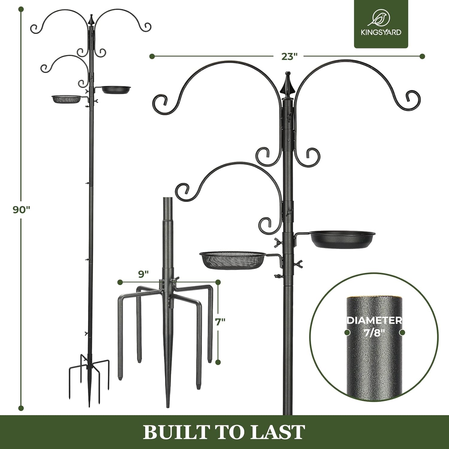 Kingsyard Glass Hummingbird Feeder for Outdoors Wild Bird Feeder with 6 Feeding Ports Hanging for Garden Yard + Kingsyard Bird Feeding Station Kit, 85" Bird Feeder Pole with 5-Prong Base