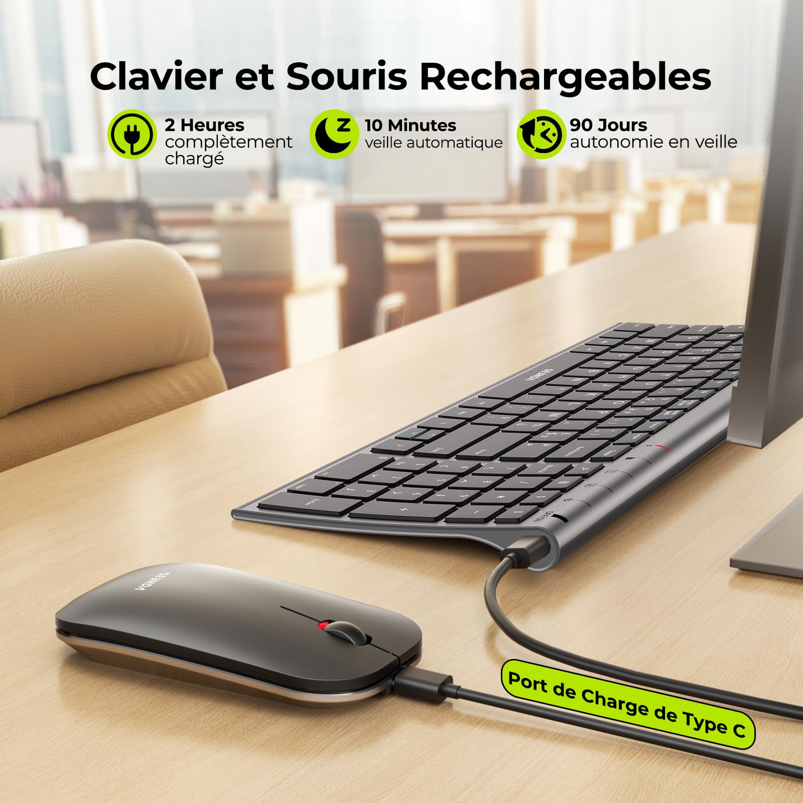 seenda WGJP-031B Combo Clavier et Souris sans Fil Rechargeable | Silencieux, Ultra-Fin, AZERTY Français, 2,4 GHz Récepteur USB, avec Pavé Numérique, pour Windows, PC, Ordinateur Portable