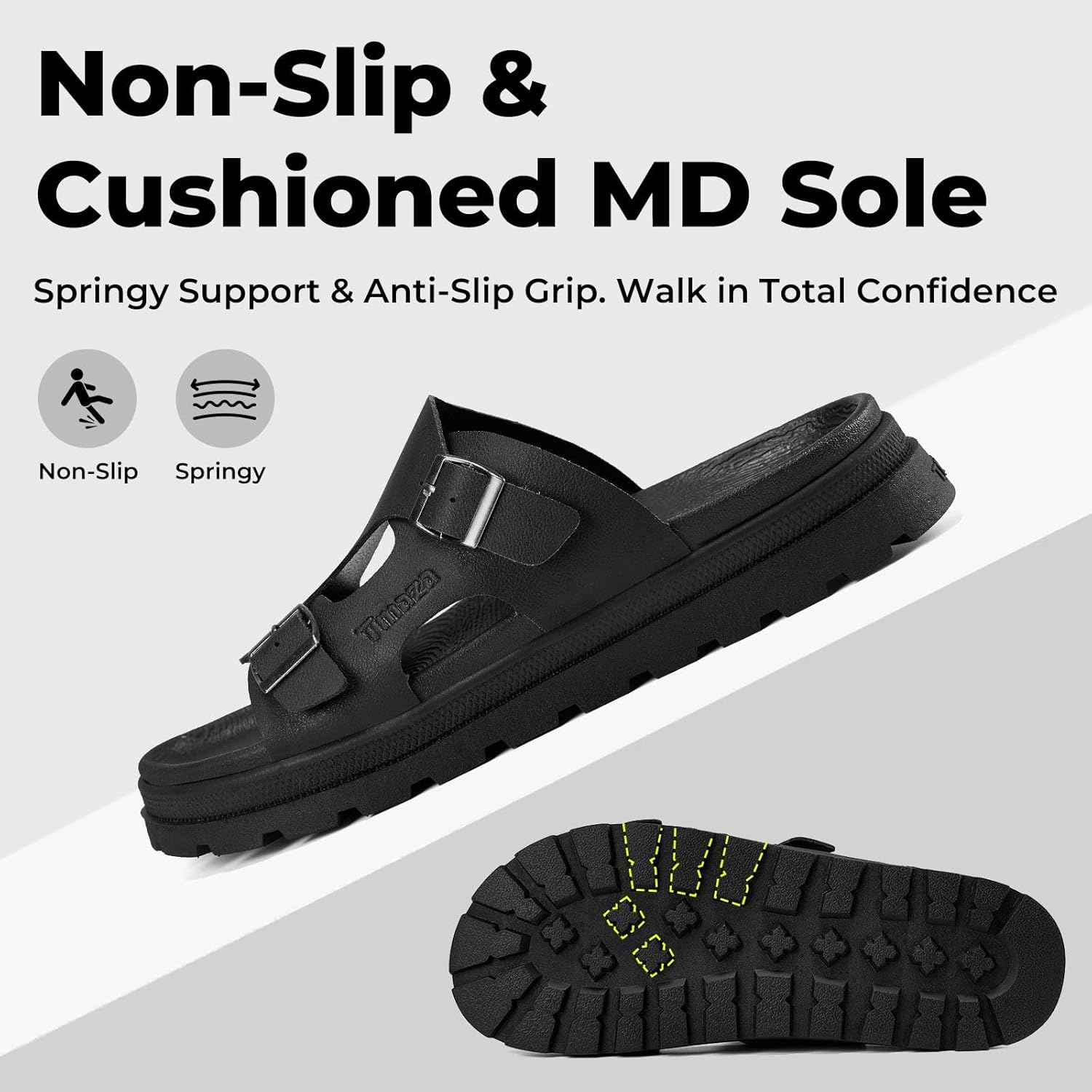 Mens Platform Sandals - Arch Support Adjustable Double Buckle Slides Non-Slip Slide Sandals for Daily Wear