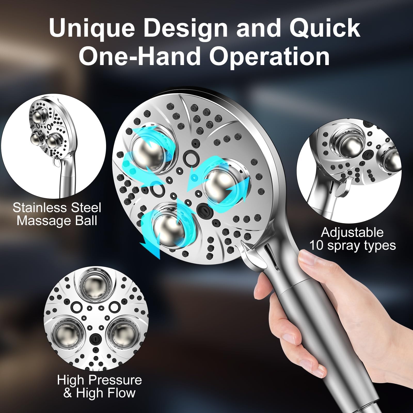 Duschkopf mit Handbrause, 10 Sprühmodi, Massage-Duschkopf, gefilterter Duschkopf mit 2 Filtern für hartes Wasser, 2 integrierte Power-Jets, Duschköpfe, (Premium Chome) (Premium Chome)