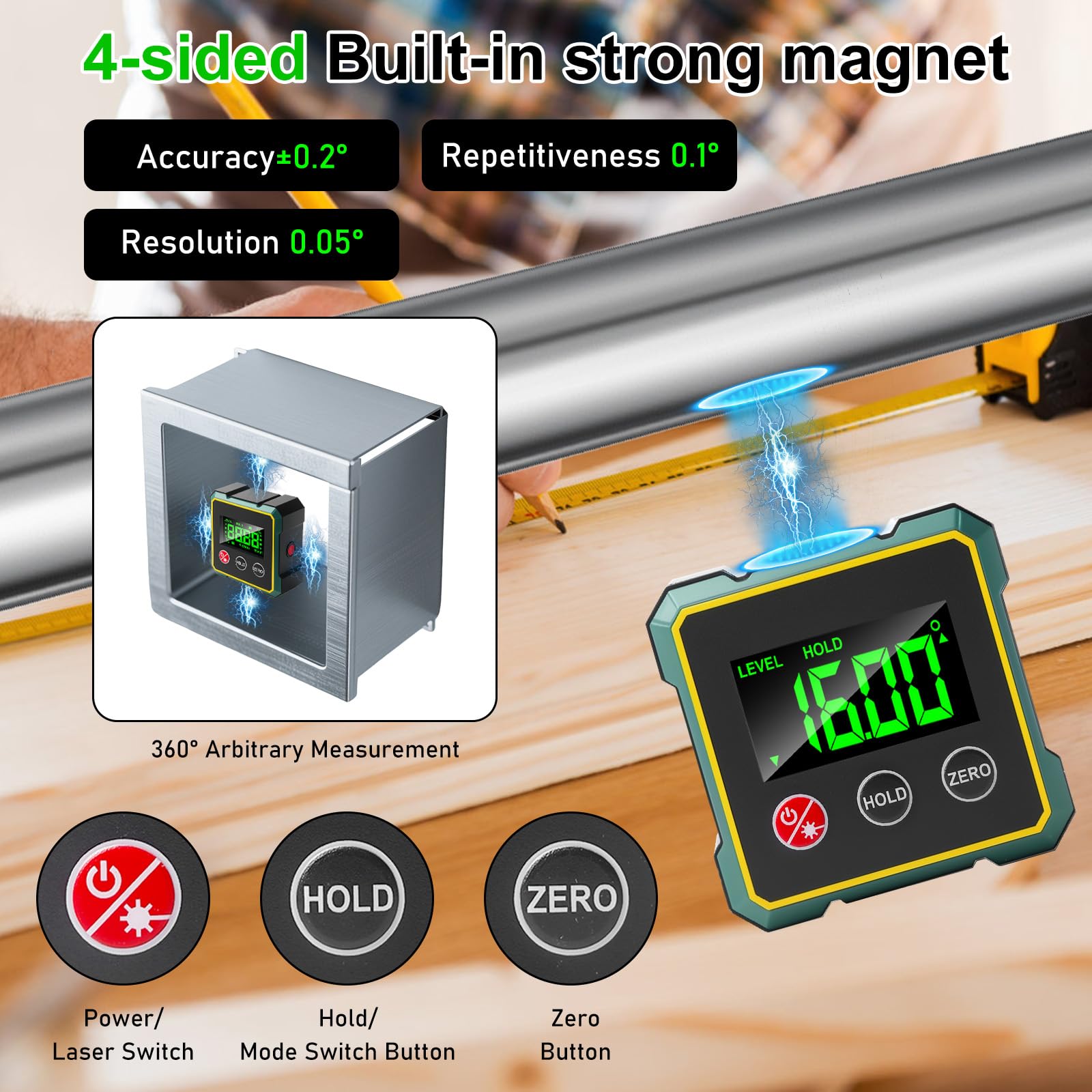 Goniometro Digitale Inclinometro Con Display LCD E Base Magnetica – Ricaricabile USB-C, 0,1° Di Precisione, Per Falegnameria