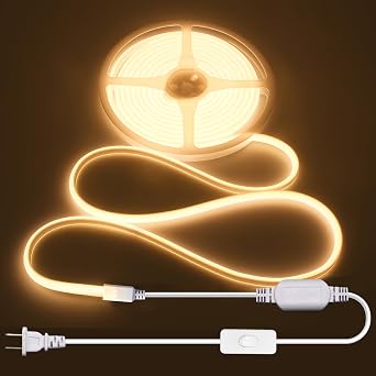 ALITOVE COB LED Strip Light Waterproof IP67 Warm White 3000K 16.4ft AC 110V 120V LED Neon Rope Lights Bright 1440LEDs Flexible LED Strip for Indoor Outdoor Cabinet Shower BedroomNo Remote Dimmer