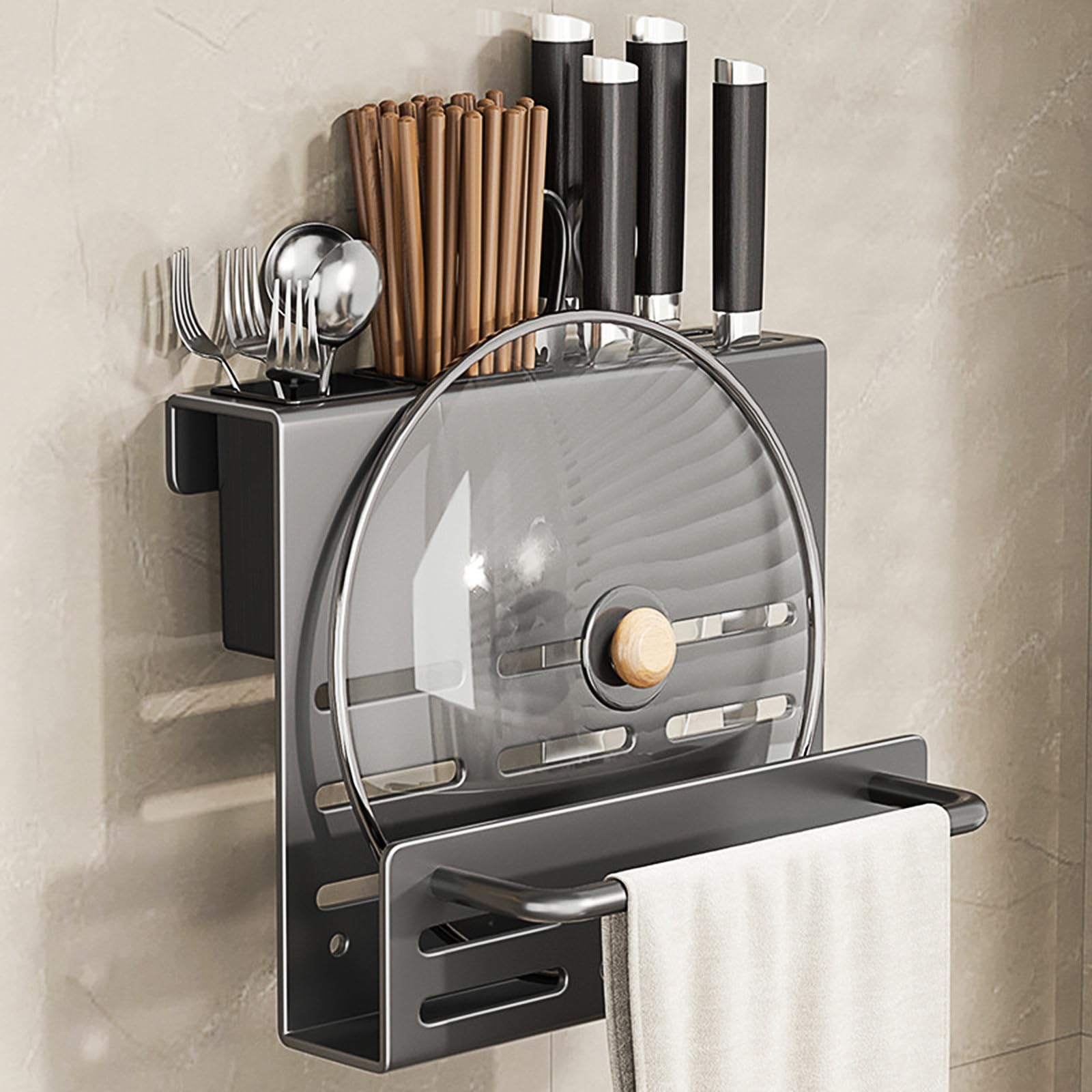 ULTECHNOVO Porte-ustensiles Mural en Abs et Acier Inoxydable pour Rangement Multifonction Support Planche à Découper et Porte-baguettes, la Cuisine Moderne