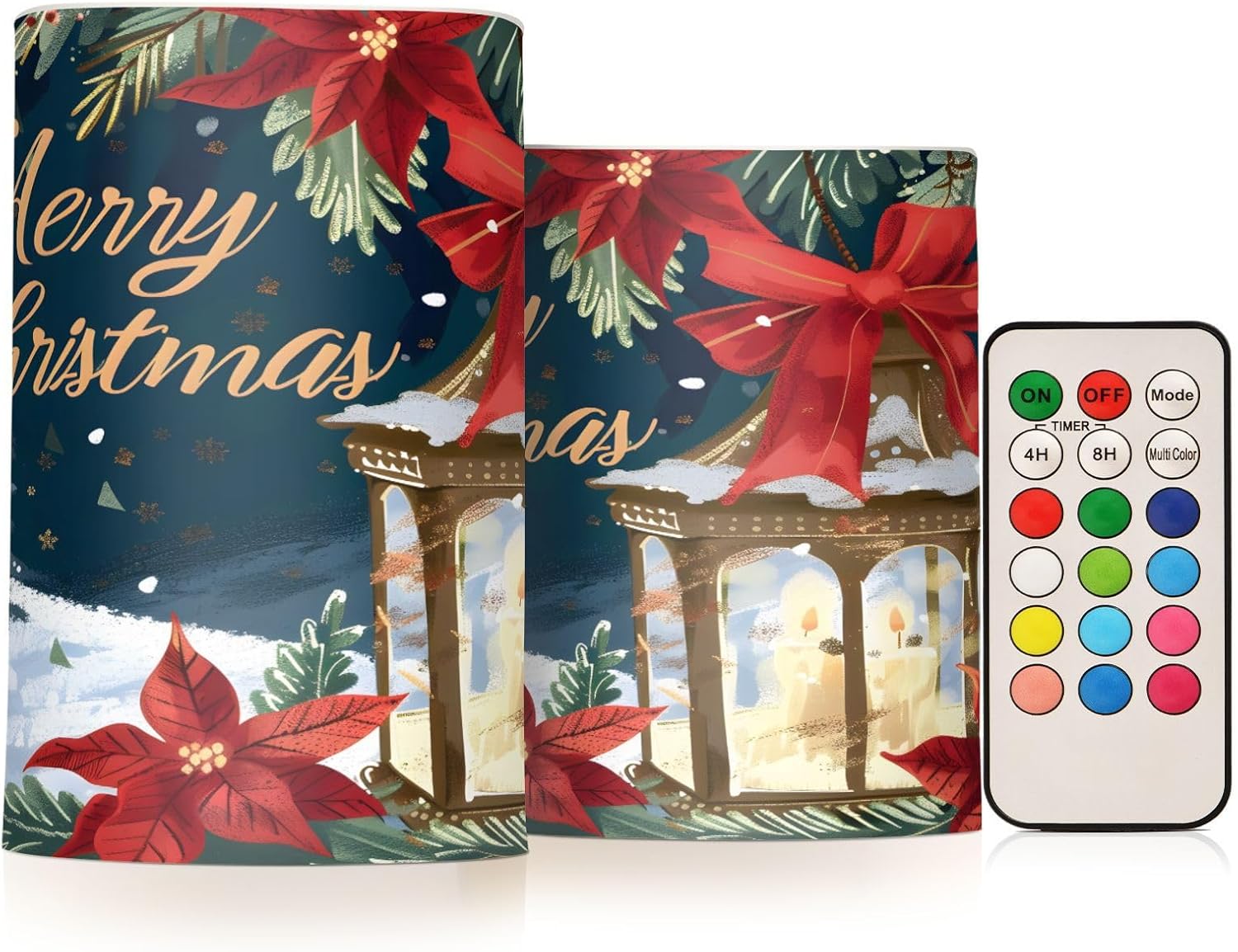 panksolu Flickering Flameless Candles, Poinsettia Merry Christmas LED Candles with Remote Timer, Battery Operated Candle for Wedding Halloween Christmas Decor - Set of 2