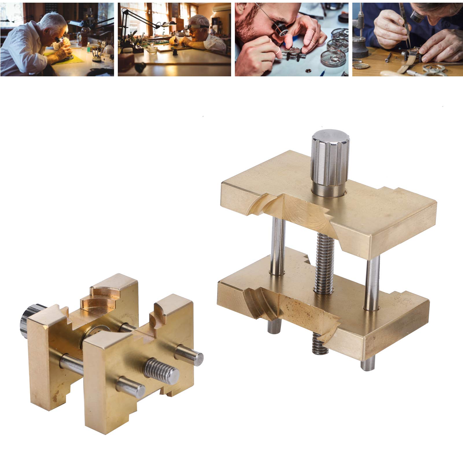 Uhrenbewegungs-Halter mit fester Basis, professionelles Kupfer-Werkzeugzubehör für die Uhrenreparatur, verstellbare doppelseitige Halterung für kleine und große Uhren, kompaktes