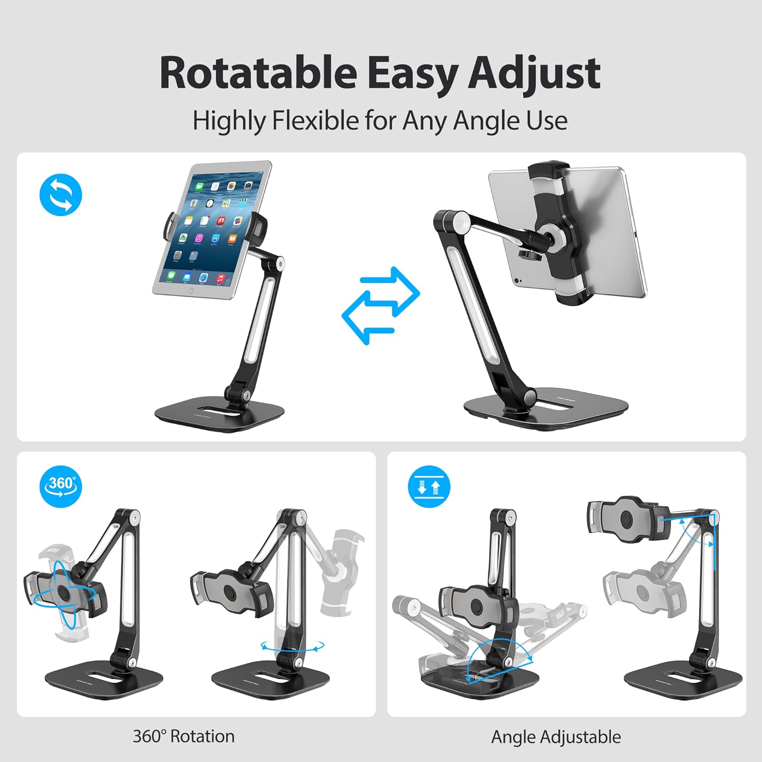 AboveTEK Tablet Stand, Multi-Angle Adjustable iPad Stand Holder, 360° Swivel Tablets Stand Aluminum Desk Mount Fits 4”-11"(Diagonal) iPad/mini/Air/Pro for Business Kiosk Office – Black