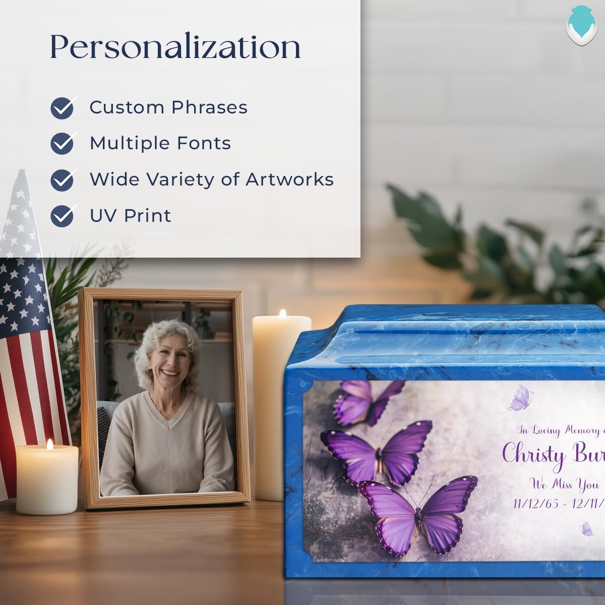 GetUrns Cultured Marble Urn Vault by Mackenzie with Personalized Butterfly and Text for Human Ashes I Mystic Blue Adult Urns for Male and Female I 210lbs
