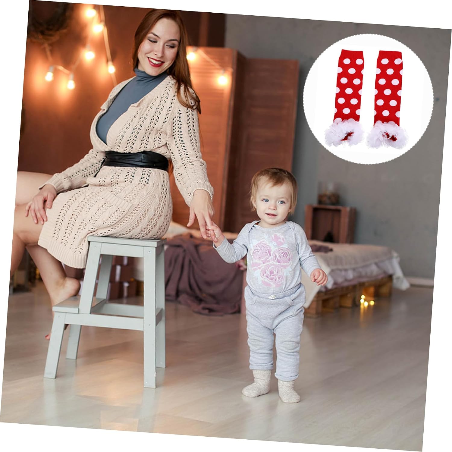 ERINGOGO Cotton Leg Warmers for Babies Winter Leg Muff with Lace Trim Warm Sock Covers in Red Polka Dot and White for Cold Weather and Christmas