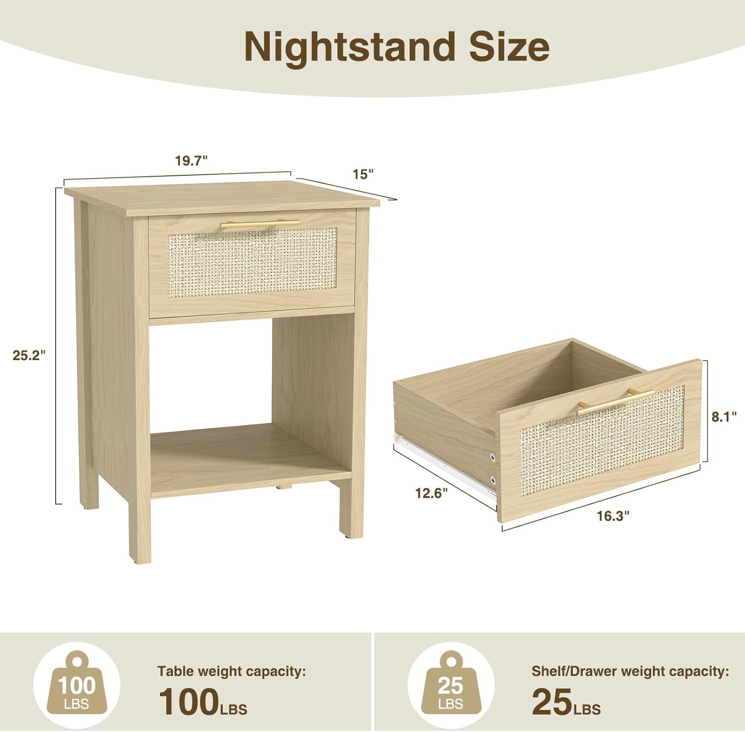Rattan Nightstand, Farmhouse Side Table with Drawer and Storage Shelf, Boho Bedside Night Stand with Golden Handle, Wooden End Table for Bedroom, Dorm and Small Spaces, Natural