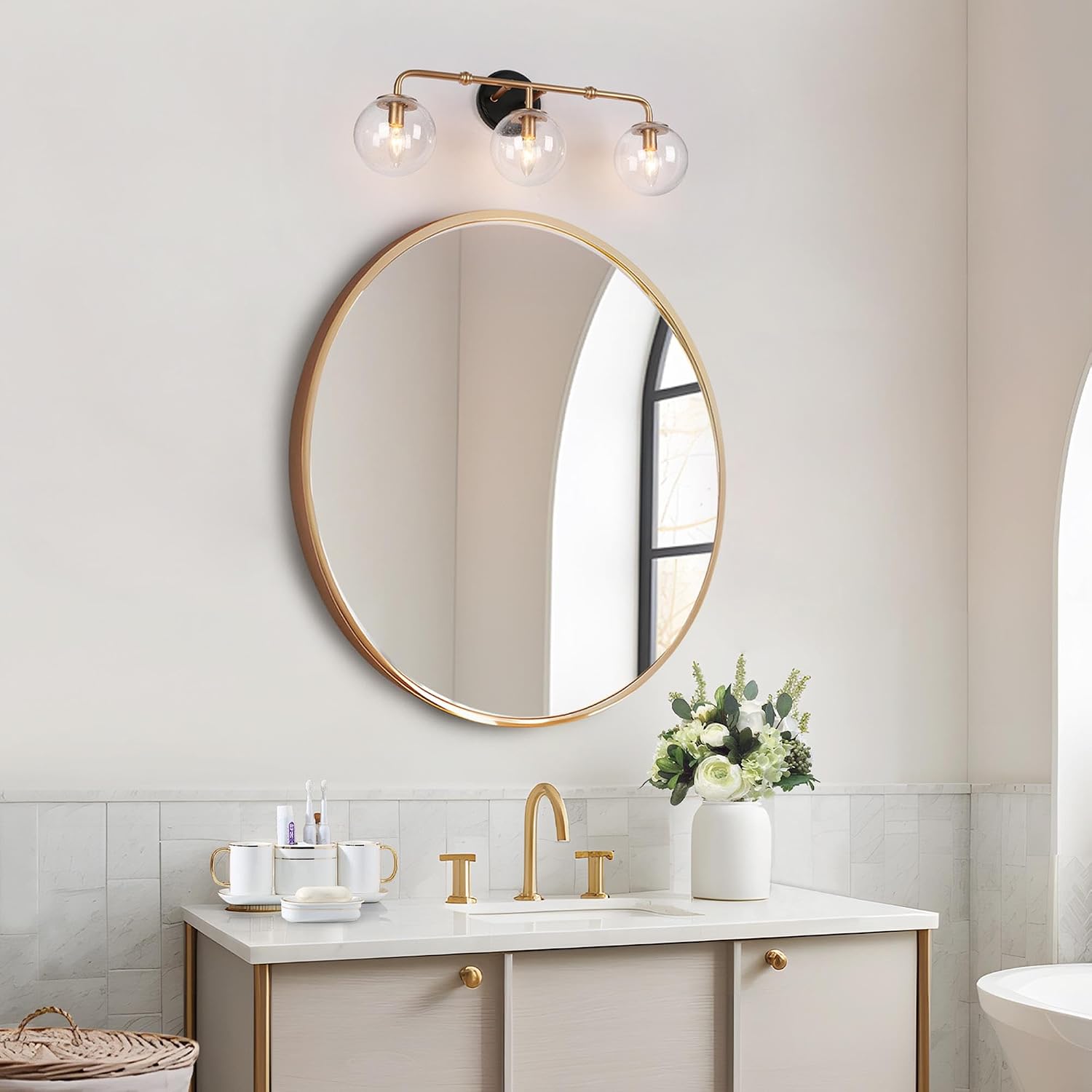 KSANA Black and Gold Bathroom Light Fixtures, 3-Light Globe Vanity Lights for Bathroom with Seeded Glass Lampshade, Modern Bathroom Vanity Lighting Light Fixtures Over Mirror