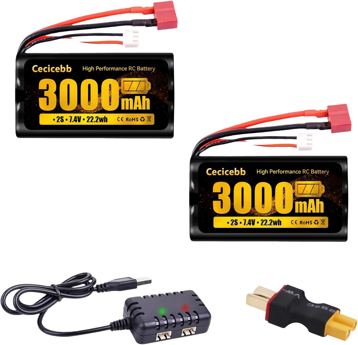 7.4V Li-ion Battery 3000mAh RC Battery with Dean-Style T Plug/XT30 Plug 2S Rechargeable High Capacity Fit for WLtoys 4WD Speed RC Cars Most 1/10, 1/12, 1/16 Scale RC Trucks with Charger