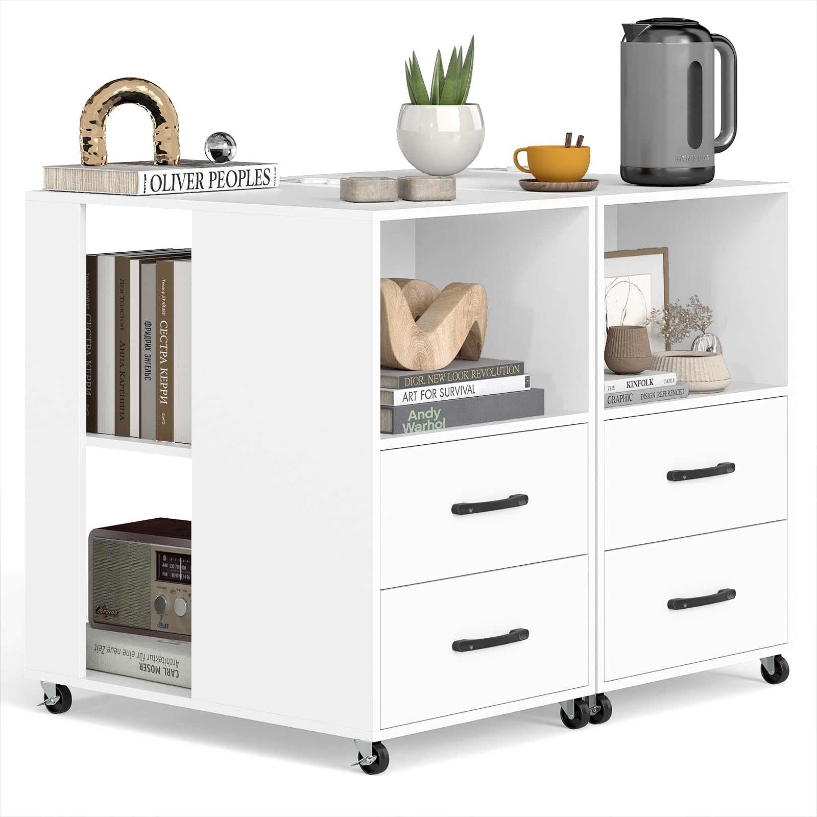 COSTWAY Bedside Table with Charging Station, Rolling Nightstand End Sofa Side Table with 2 Drawers, Storage Shelves and Wheels, Wooden Mobile File Bedside Cabinet for Living Room Bedroom (2, White)