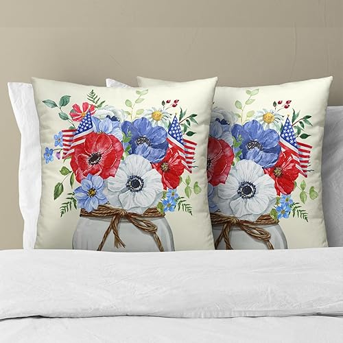 Miniatura 6 de Juego de 2 fundas de almohada para el 4 de julio, 18 x 18 pulgadas, diseño patriótico de línea de algodón con diseño de flores y bandera