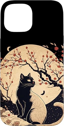 Miniatura 10 de Funda para iPhone 13 Pro Max Kawaii negro gato japonés con flor de cerezo estilo anime