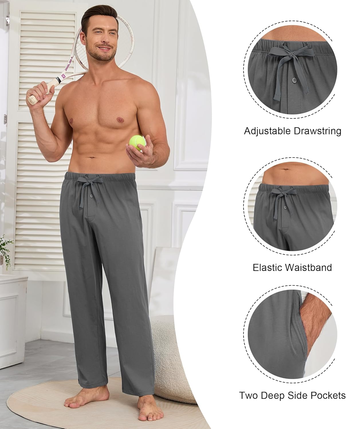 COLORFULLEAF 100% Cotton Mens Pajama Pants Lightweight Sleep Lounge Bottoms Elastic Waistband Button Fly With Pockets - Image 2
