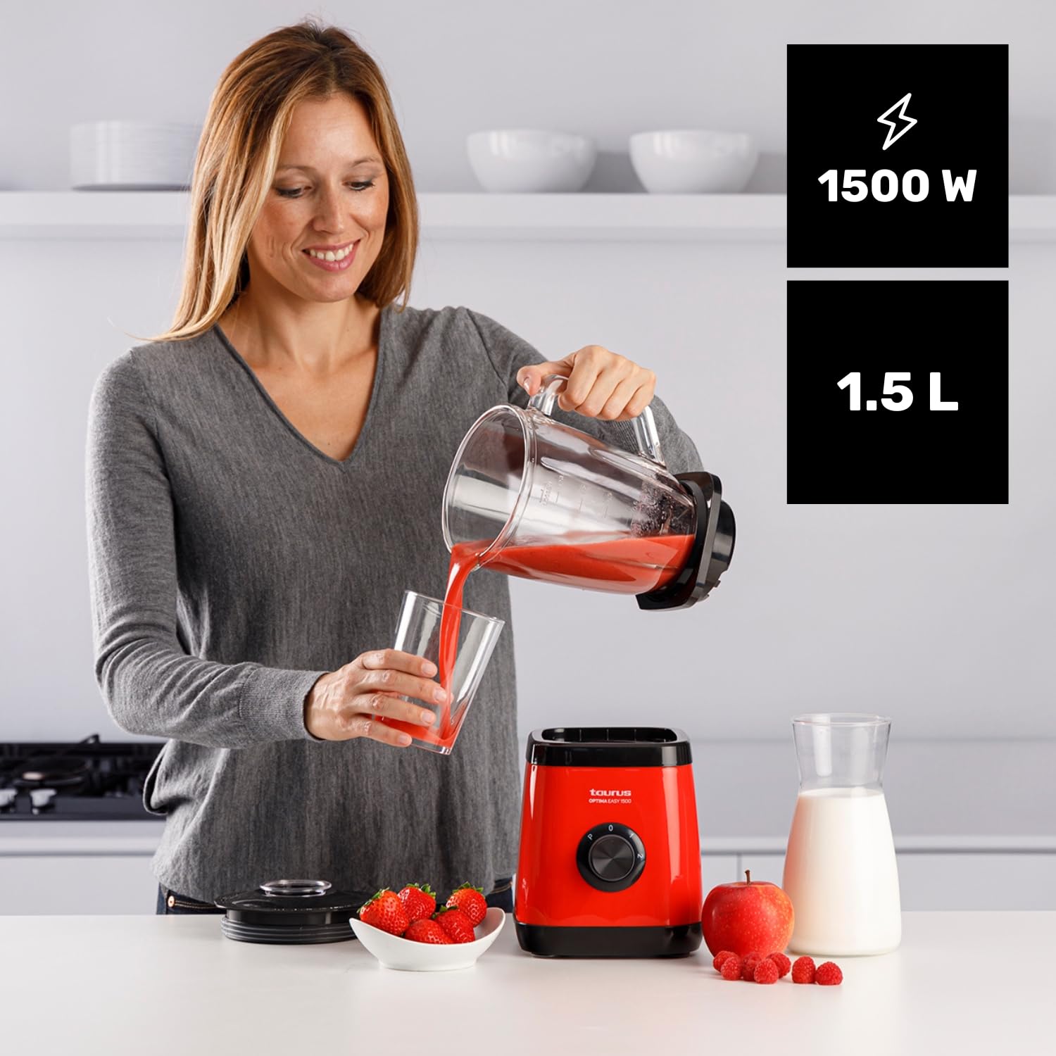 Taurus Optima Easy Mixeur en verre 1 500 W avec bol en Tritan 1,5 l 2 vitesses + Turbo Lames à 4 tranchants Processeur alimentaire professionnel Blender mixeur smoothies et smoothies