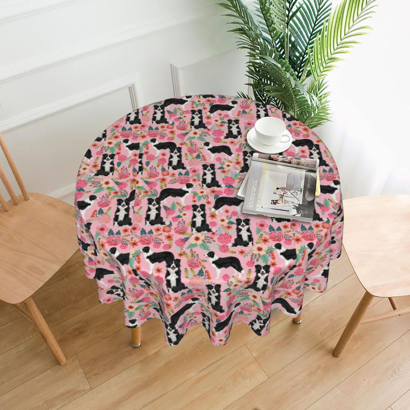 Nbtghga Dog Print Tablecloth Round Border Table Cloth Cover Decorative For Party Holiday Dinning Tabletop Home