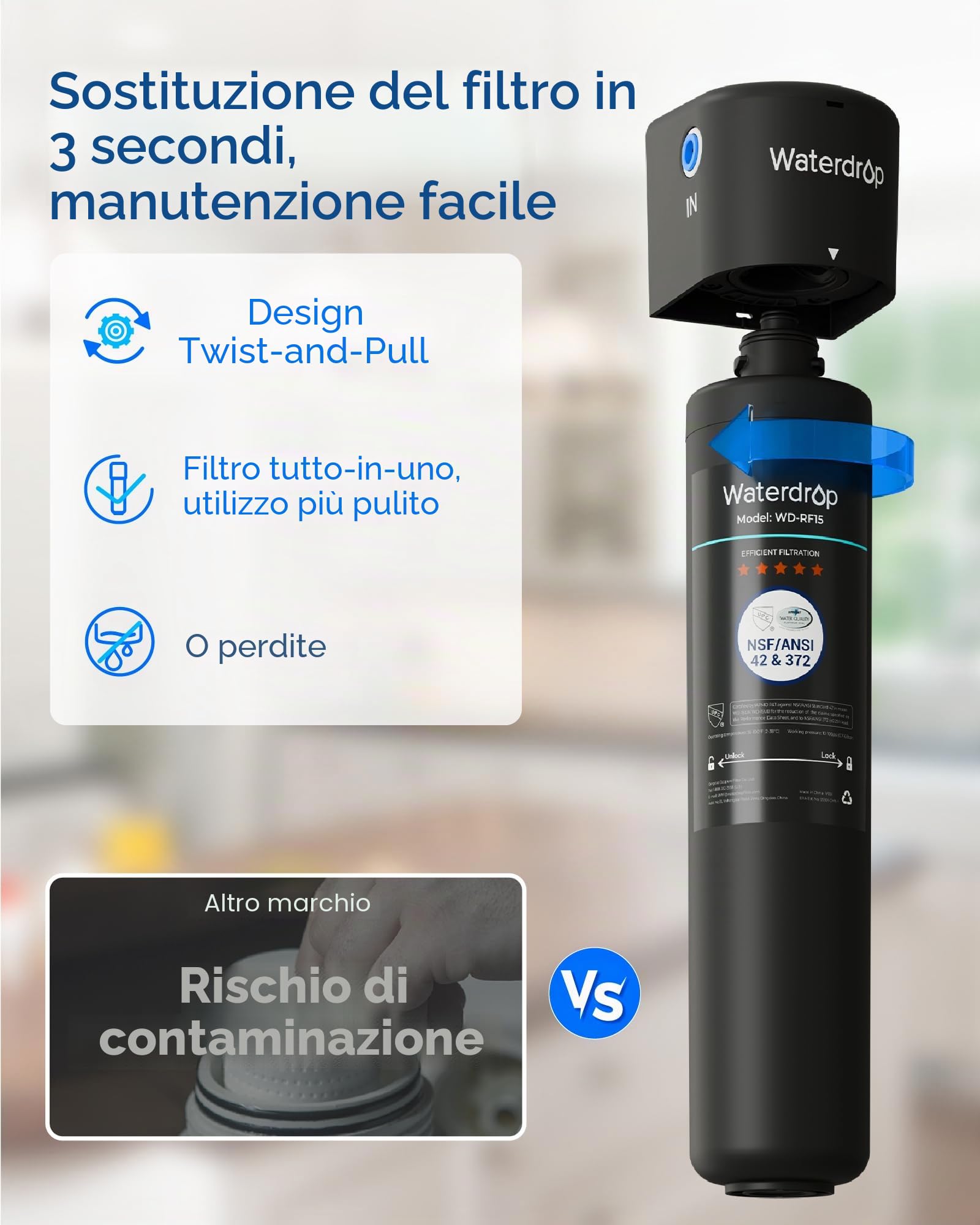 Waterdrop 15UA Filtraggio Acqua Sistema Sotto il Lavello, 60K Litri Filtraggio Acqua Sotto il Contatore, Rimuove il 99% di Piombo, Fluoro, Cloro, Cattivo, USA Tech, 0,5 Micron
