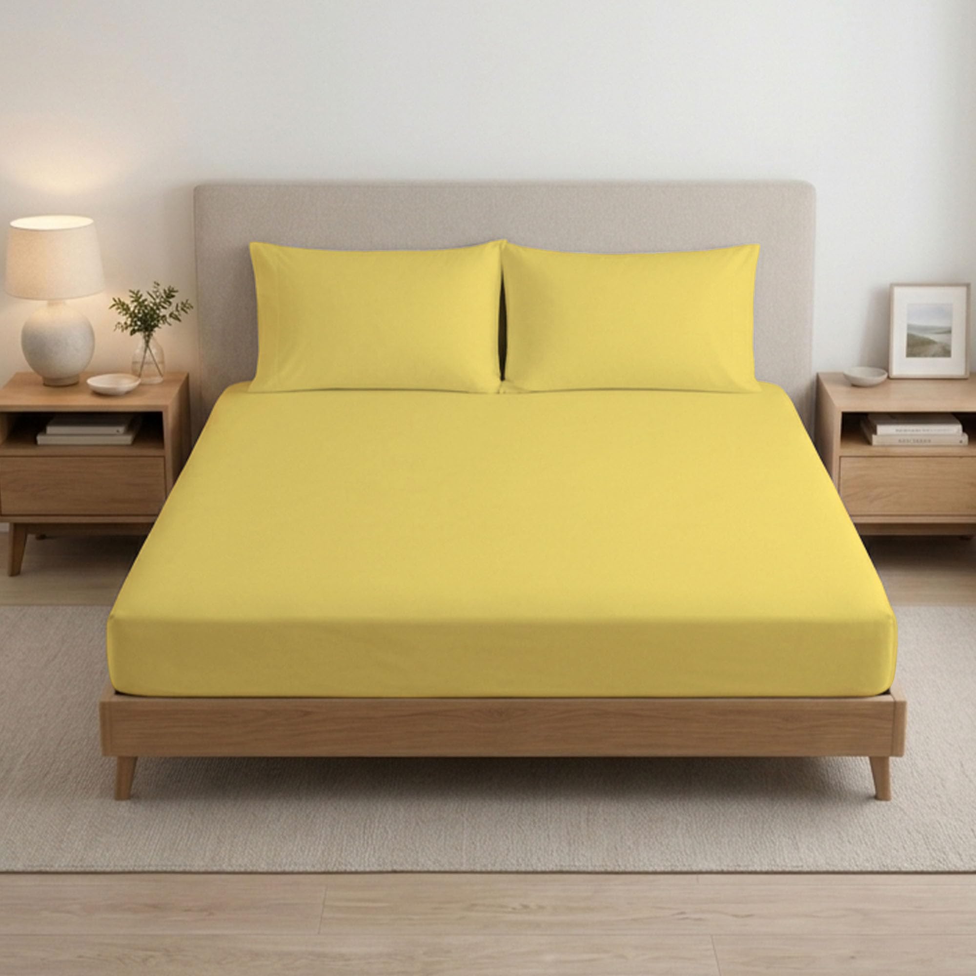 Reliancebedding Yellow Super King Fitted Sheet 100% Egyptian Cotton 400Tc – 25Cm Deep Pocket