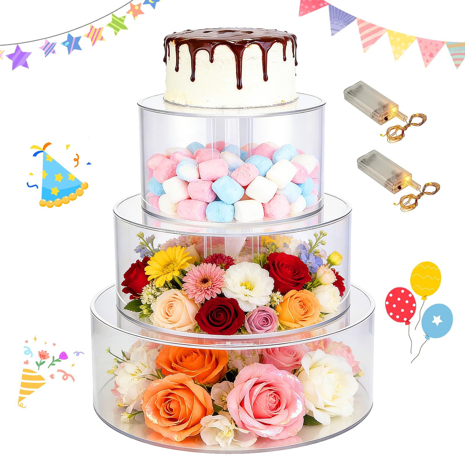 Espositore per torta a 3 ripiani in acrilico, vassoio per torte rotondo trasparente riempibile con 3 strisce luminose a LED (batterie non incluse) scatole impilabili per matrimoni, feste