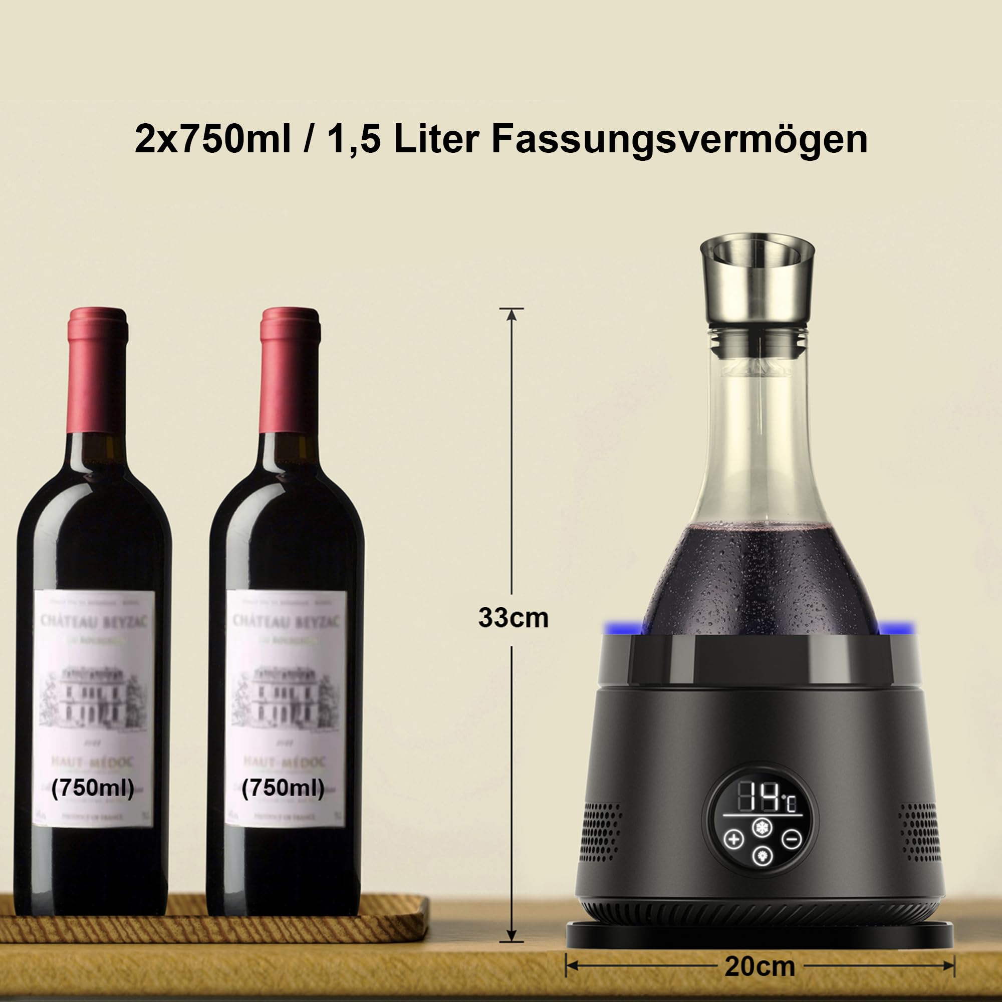 Cobalance Elektrischer Weinkühler & Dekanter mit Weinbelüfter, 1,5 l Glaskaraffe & Flaschenkühler, 24h Temperaturkontrolle für Rot- & Weißwein, 2-in-1, ideales Geschenkset für Weinliebhaber