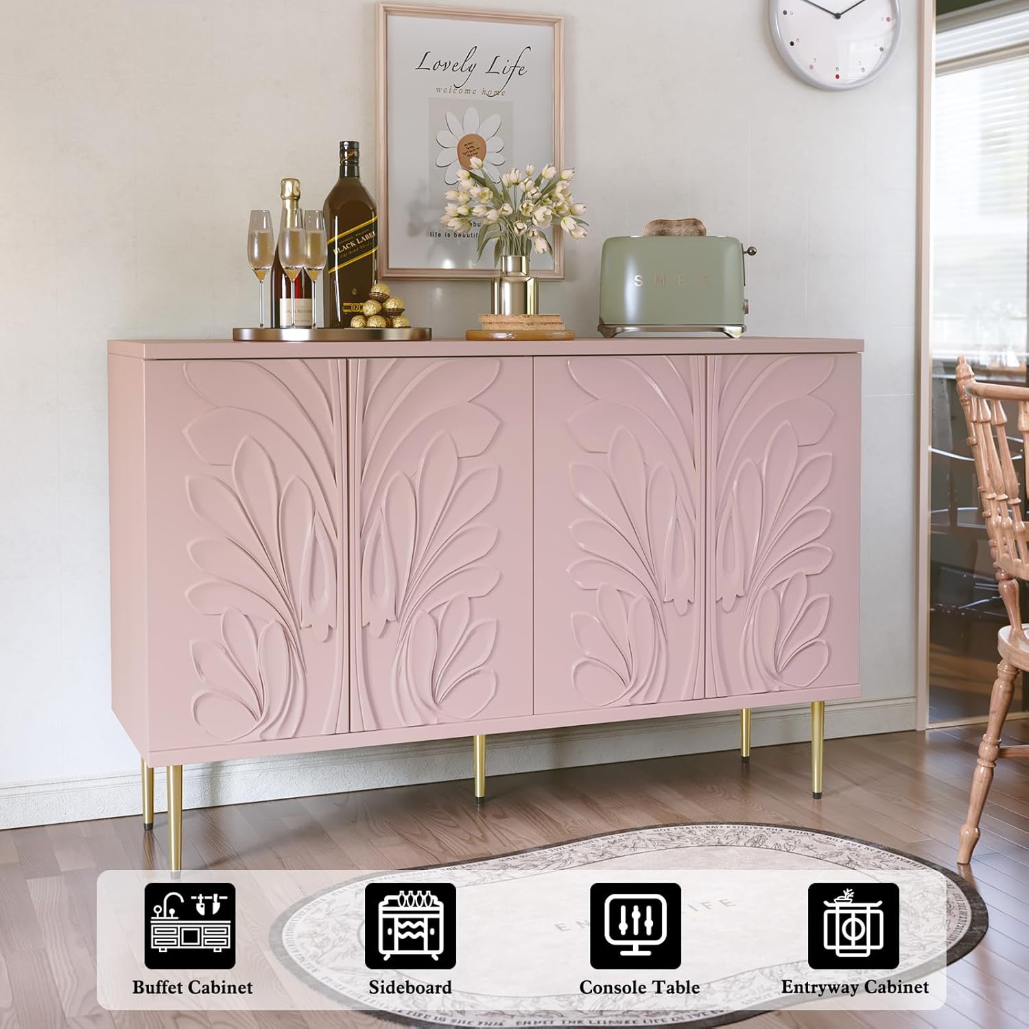 Sideboard Buffet Cabinet with 3D Flower Pattern, Accent Cabinet with 4 Doors & Adjustable Shelves, Wood Decorative Credenza with Storage for Living Room, Kitchen, Dining Room, Entryway,Pink