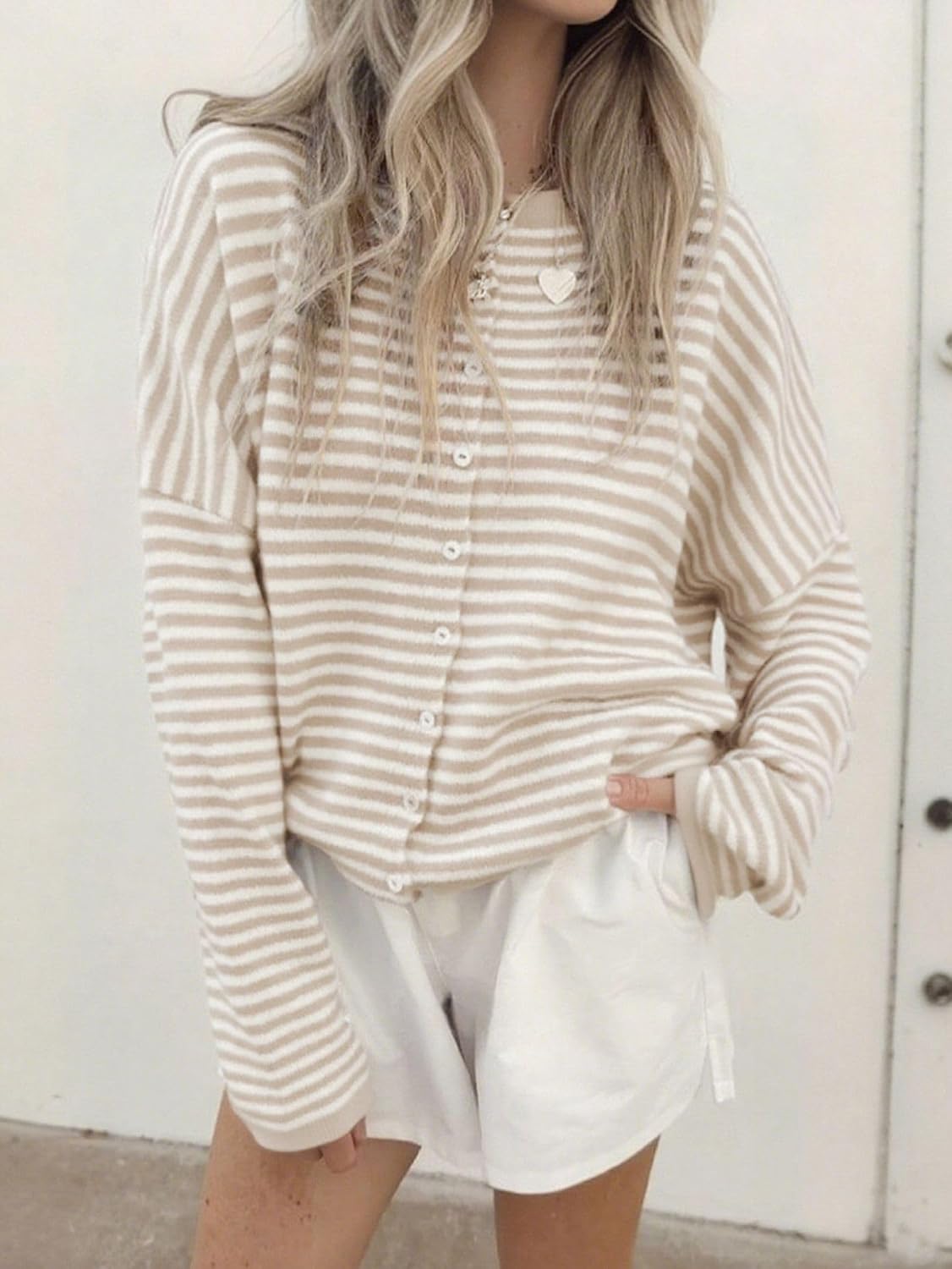 Women's Cardigans Knit Long Sleeve Stripe Crew Neck Button Down Ladies Jumper Cardigan Sweater for Fall Winter (US, Alpha, Large, Regular, Regular, Khaki)