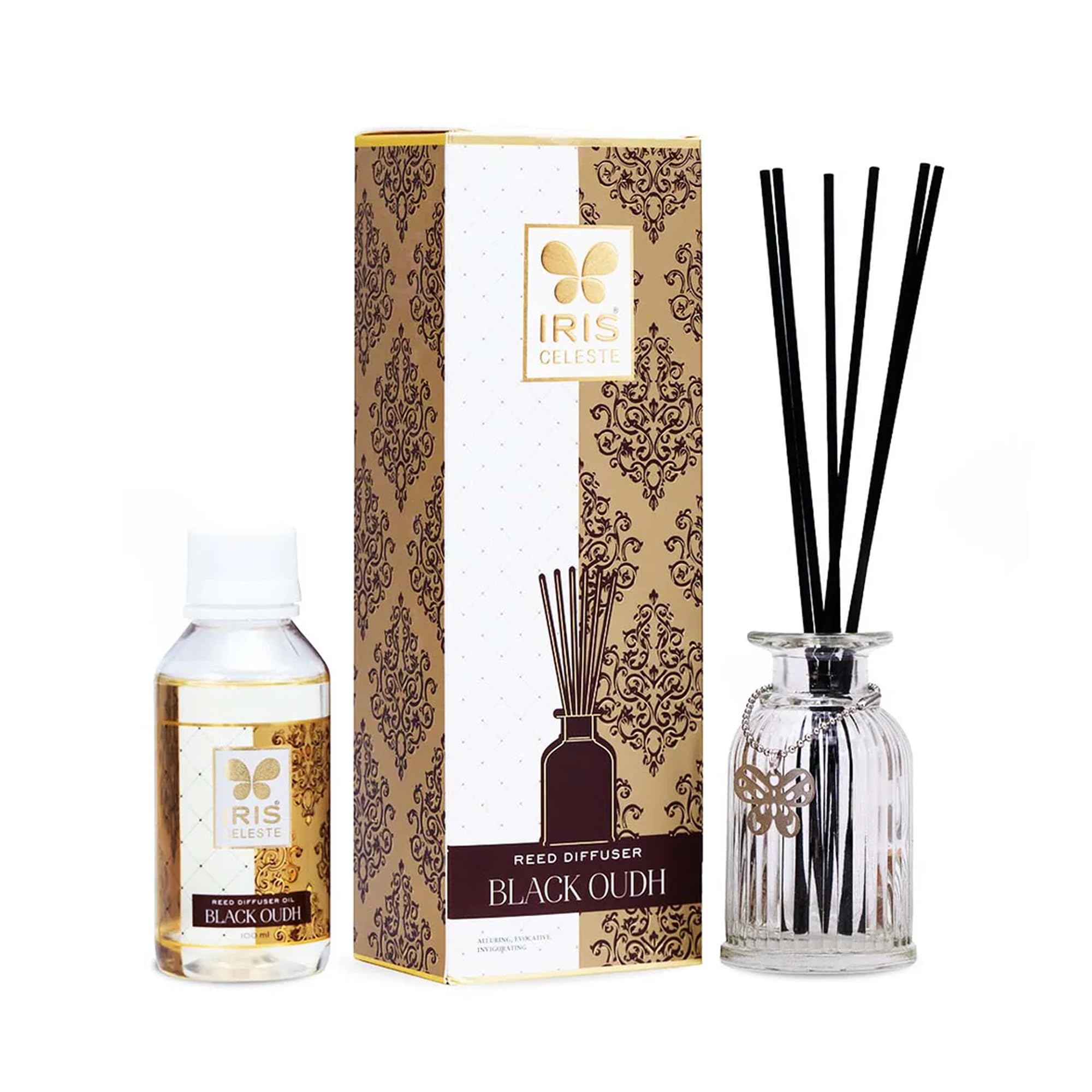 Iris Celeste Black Oudh Reed Diffuser with 100 ml | Oil Diffuser with Free 6 Fiber Reed Sticks | Room Freshener for Home, Bedroom, Living Room & Office | Gifts Set.